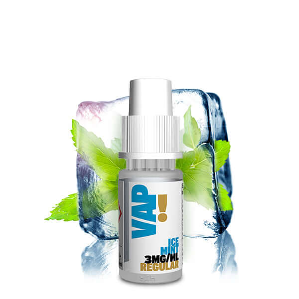 VAP! Ice Mint liquid 10ml bottle with mint leaves and ice for refreshing vaping experience.