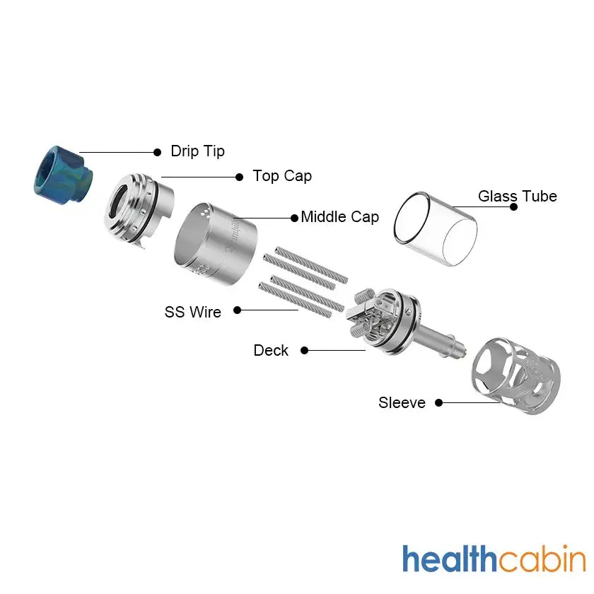 Exploded view of Brunhilde RTA parts showing drip tip, caps, glass tube, wires, deck, and sleeve.