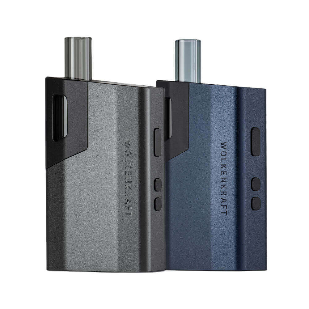 WOLKENKRAFT ÄRiS Dry Herb Vaporizer in Gun Metal and Night Blue colors showcasing sleek design.