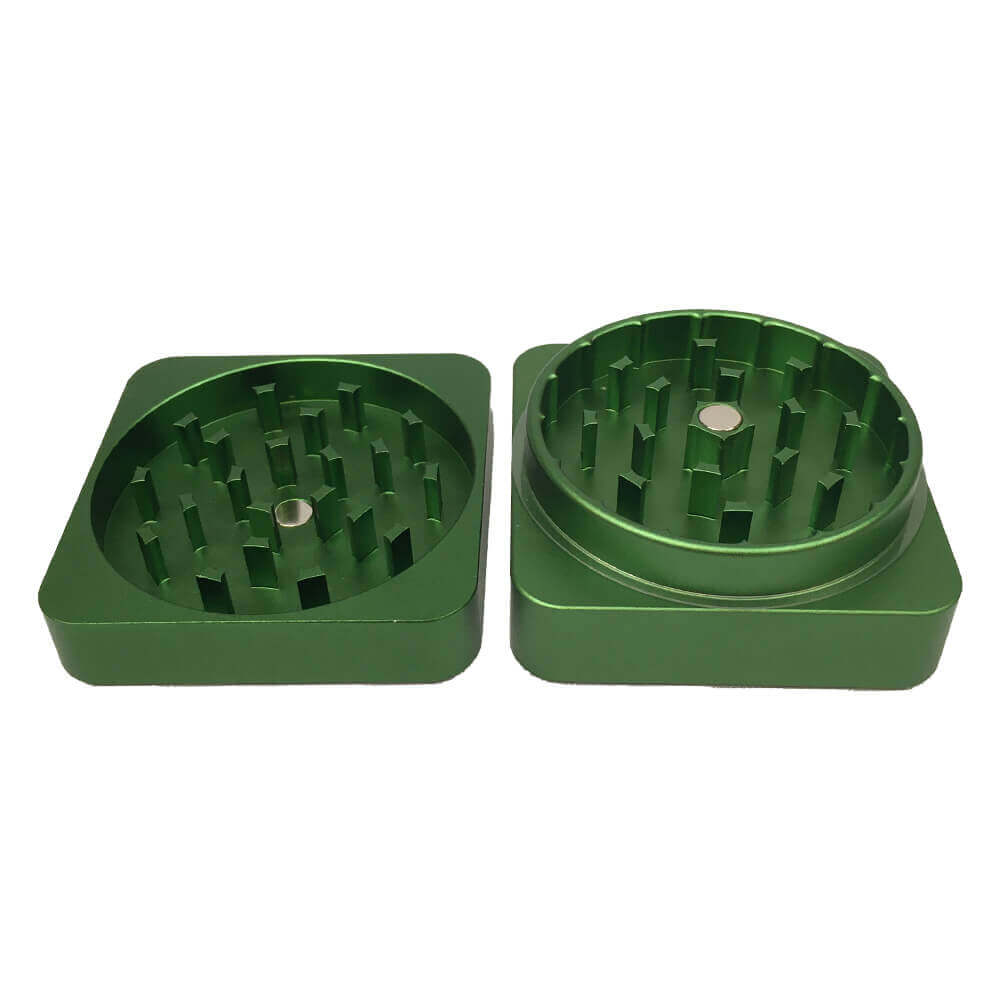 Best Buds flat square aluminum grinder in green, showcasing stylish design and efficient herb grinding.