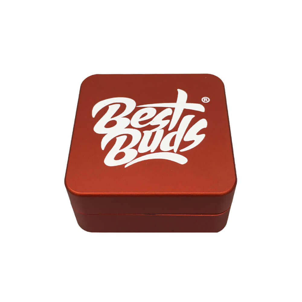 Best Buds red square grinder box featuring stylish logo design for efficient herb grinding.