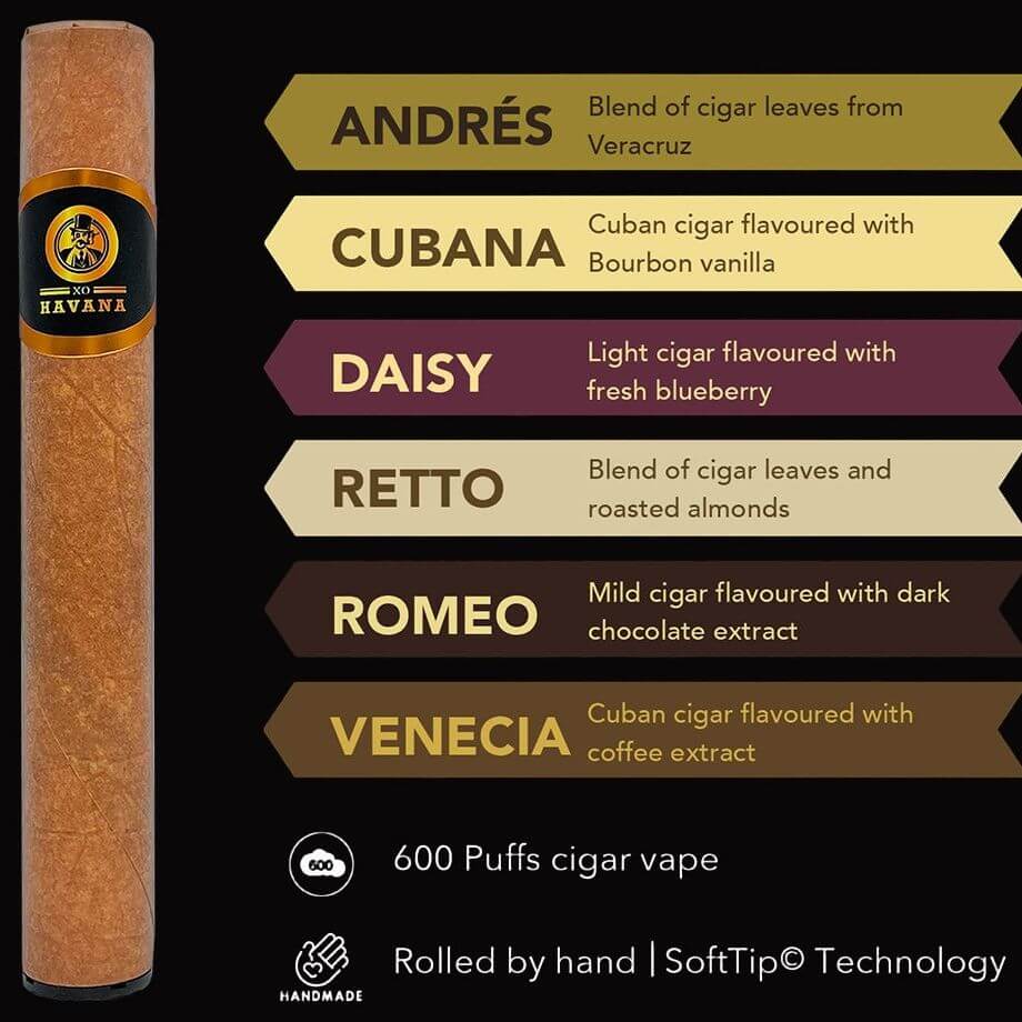 XO HAVANA cigar vape showcasing various flavors like Andrés, Cubana, Daisy, Retto, Romeo, and Venecia.