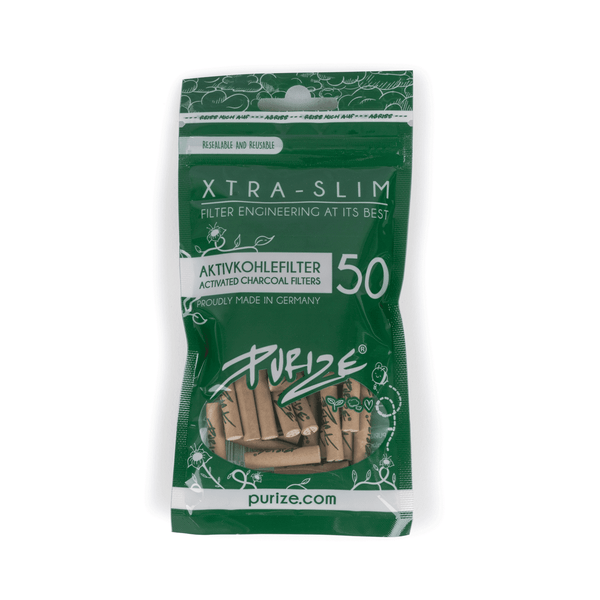 50 PURIZE XTRA Slim Size activated charcoal filters for pure smoke enjoyment, proudly made in Germany.