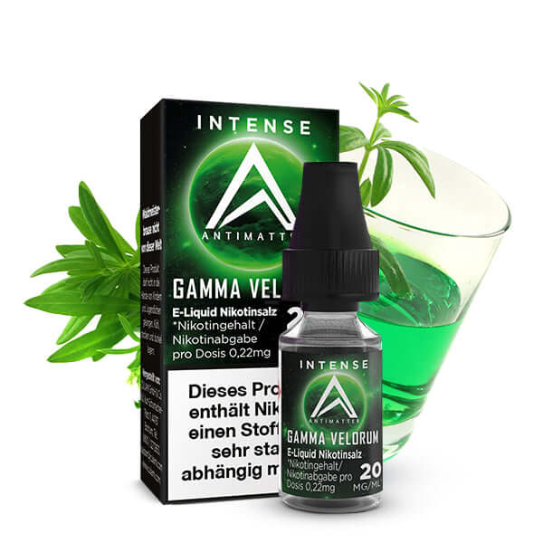 Gamma Velorum Intense Nikotinsalz Liquid with green drink and packaging, featuring Waldmeister flavor.