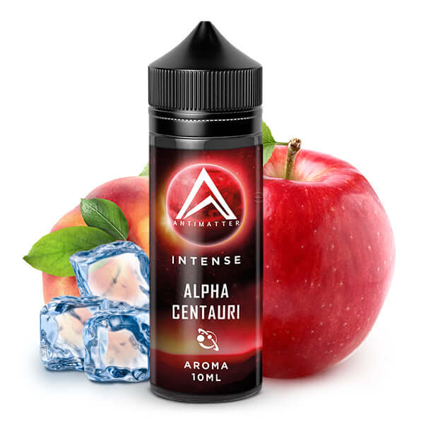 Culami Antimatter Intense Alpha Centauri Aroma 10ml bottle with red apple and ice cubes, offering an intergalactic flavor experience.