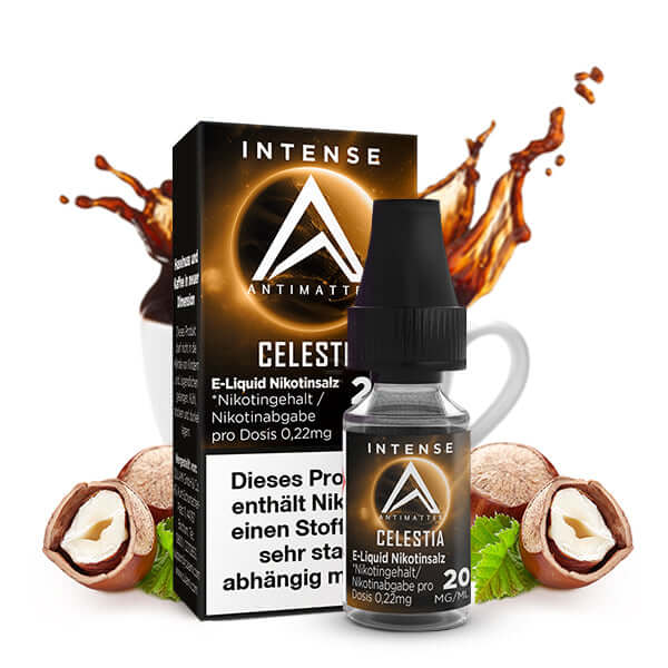 Celestia Nikotinsalz-Liquid in einer Flasche mit Haselnüssen und einer Kaffeetasse im Hintergrund, angenehm aromatisch.