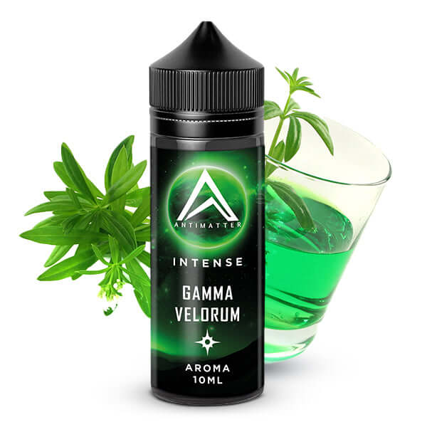 Culami Antimatter Intense Gamma Velorum aroma 10ml bottle with green drink and herbal decoration.