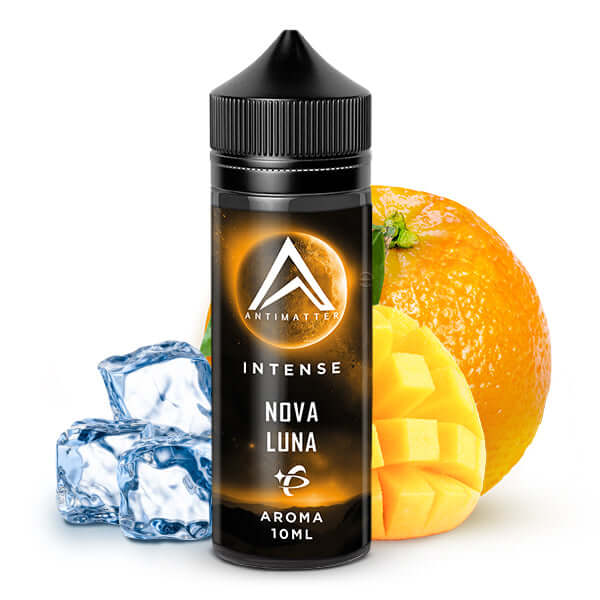 Culami Antimatter Intense Nova Luna aroma bottle with orange, mango, and ice cubes, 10 ml.