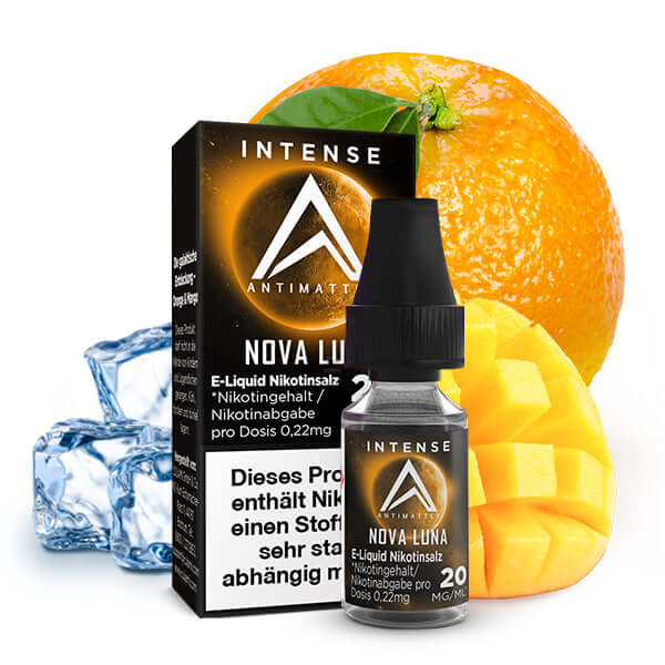Nova Luna Intense Nikotinsalz-Liquid mit Orangen, Mango und Eiswürfeln für ein erfrischendes Dampferlebnis.