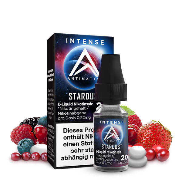 ANTIMATTER STARDUST Nikotinsalz-Liquid in 10ml bottle with box, featuring berry flavors for intense vaping experience.