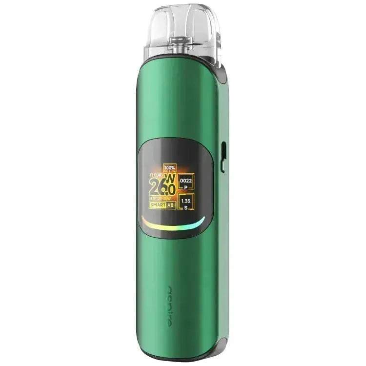 Aspire Pixo Neo E-Zigarette in green, showcasing a 0.85" display, 1300mAh battery, and pod system.