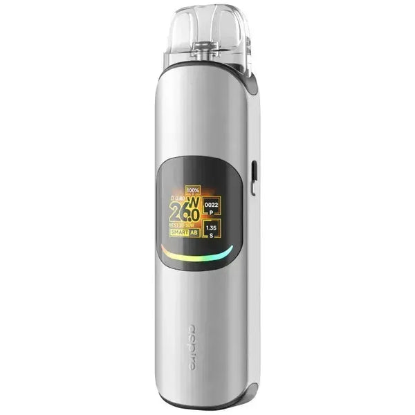 Aspire Pixo Neo E-Zigarette in sleek silver design with color display and adjustable airflow.
