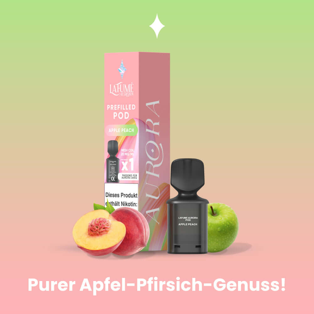 Lafume Aurora Apple Peach Pod with fruits, showcasing flavorful vaping experience and convenient design.