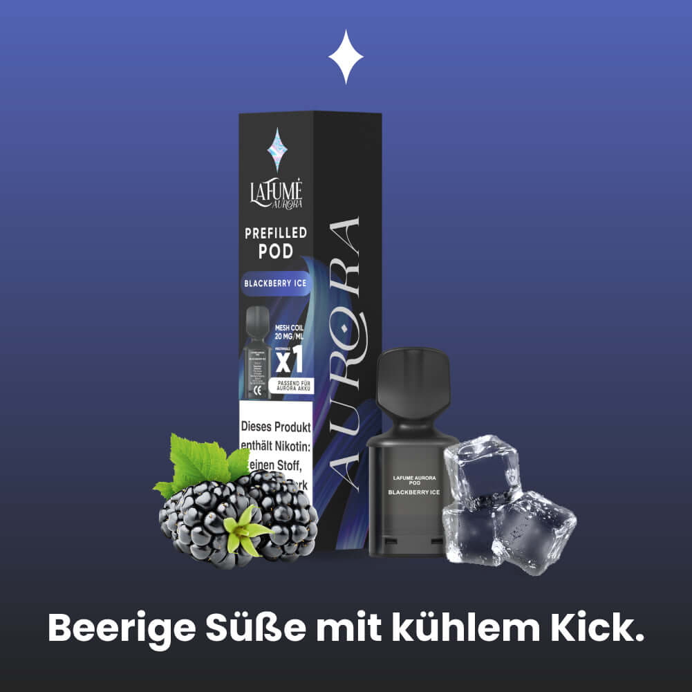 Lafume Aurora Prefilled Pod in Blackberry Ice flavor with berries and ice cubes for a refreshing vape experience.