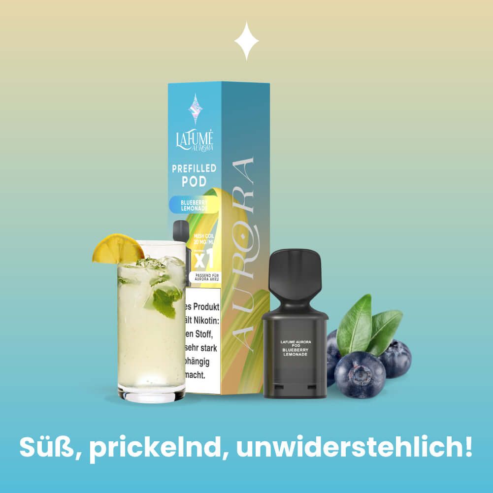 Lafume Aurora Pods with a refreshing drink, showcasing sweet fruit flavors and disposable vape design.