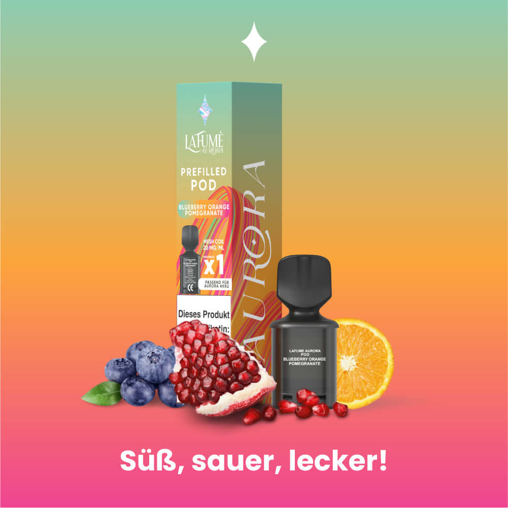 Lafume Aurora Prefilled Pod with flavors like blueberry and orange, highlighting a sweet and sour vaping experience.