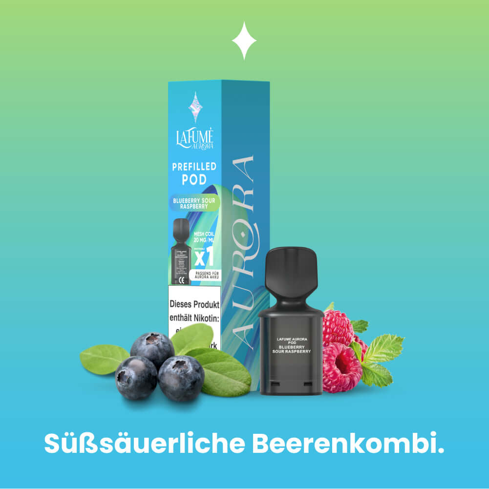 Lafume Aurora Prefilled Pod in Blueberry and Raspberry flavor, with berries and packaging on a green background.