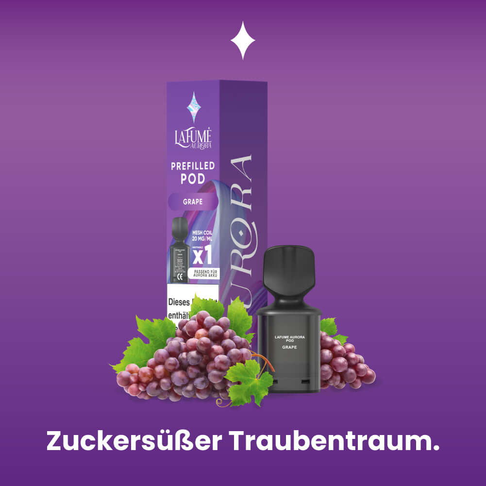 Lafume Aurora Pods in Grape flavor with grapes and packaging, offering a sweet vaping experience.
