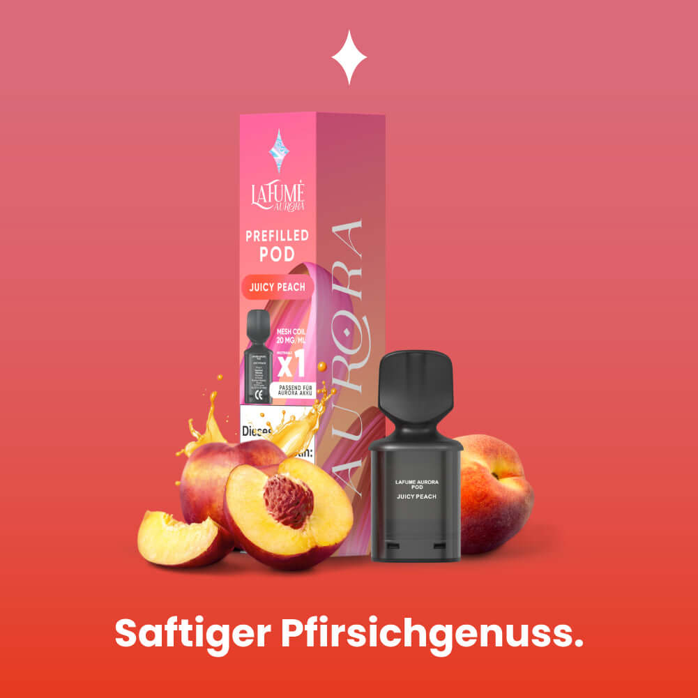 Lafume Aurora vape pod with juicy peach flavor and fresh peaches, offering intense fruit enjoyment.
