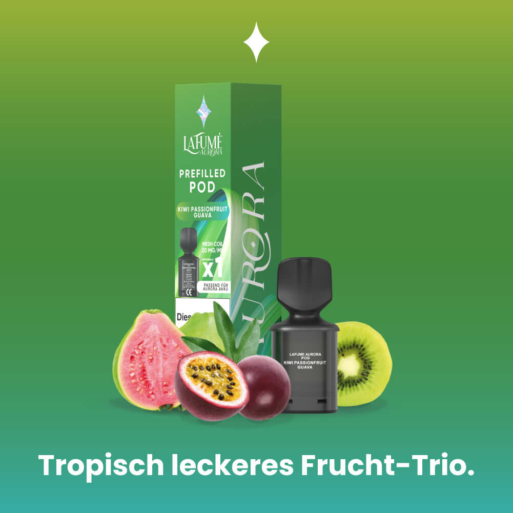 Lafume Aurora Prefilled Pod in green packaging with tropical fruits including guava, passionfruit, and kiwi.