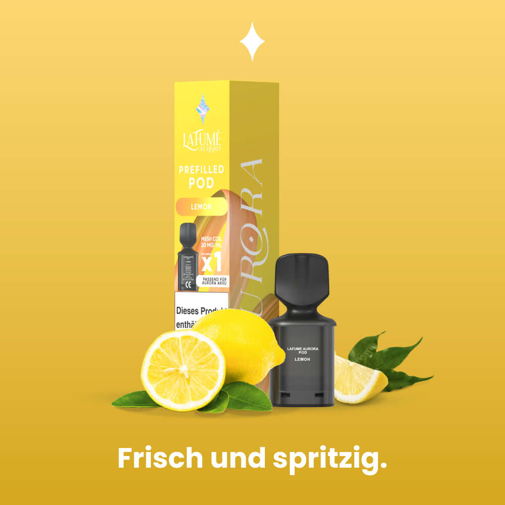 Lafume Aurora Prefilled Pod with lemon flavor, fresh and zesty packaging on a bright yellow background.