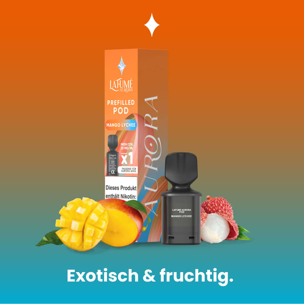 Lafume Aurora Prefilled Pod Mango Lychee with exotic fruit background and vibrant colors