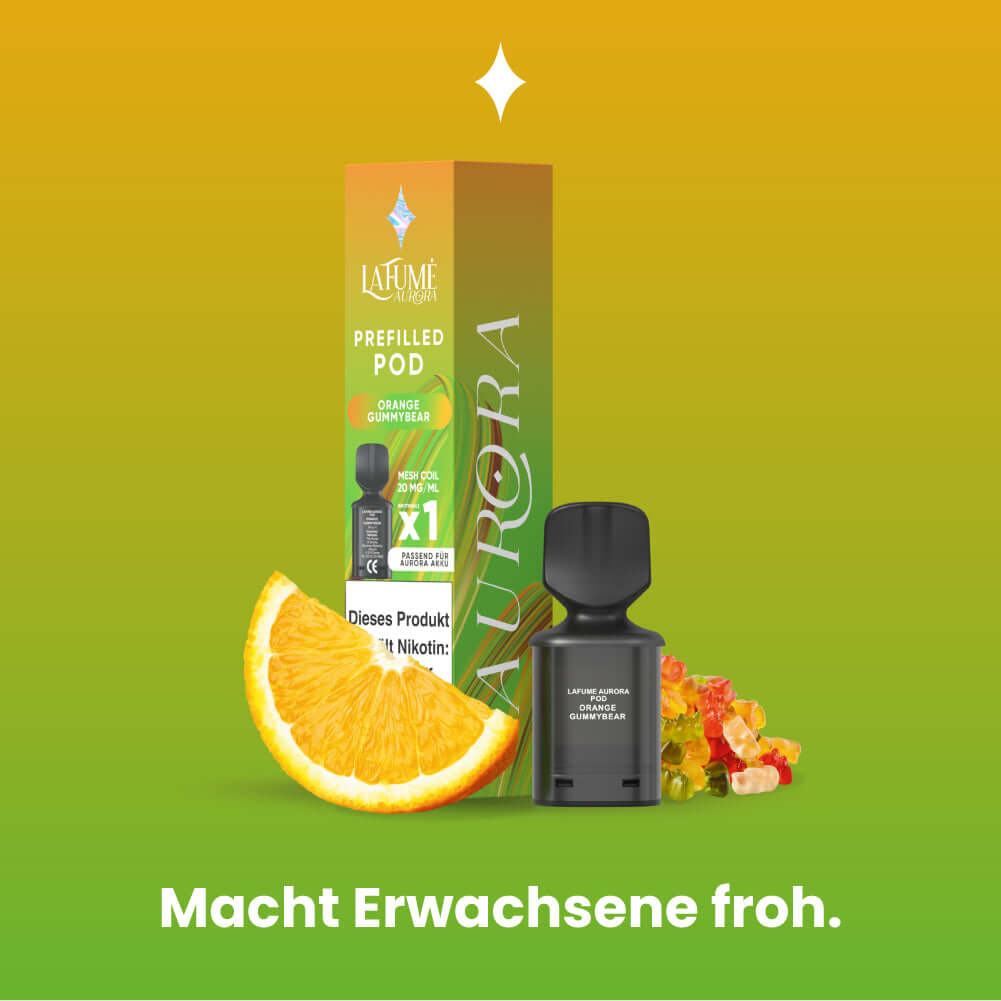 Lafume Aurora Prefilled Pod with Orange Flavor, featuring vibrant packaging and colorful gummy candies.