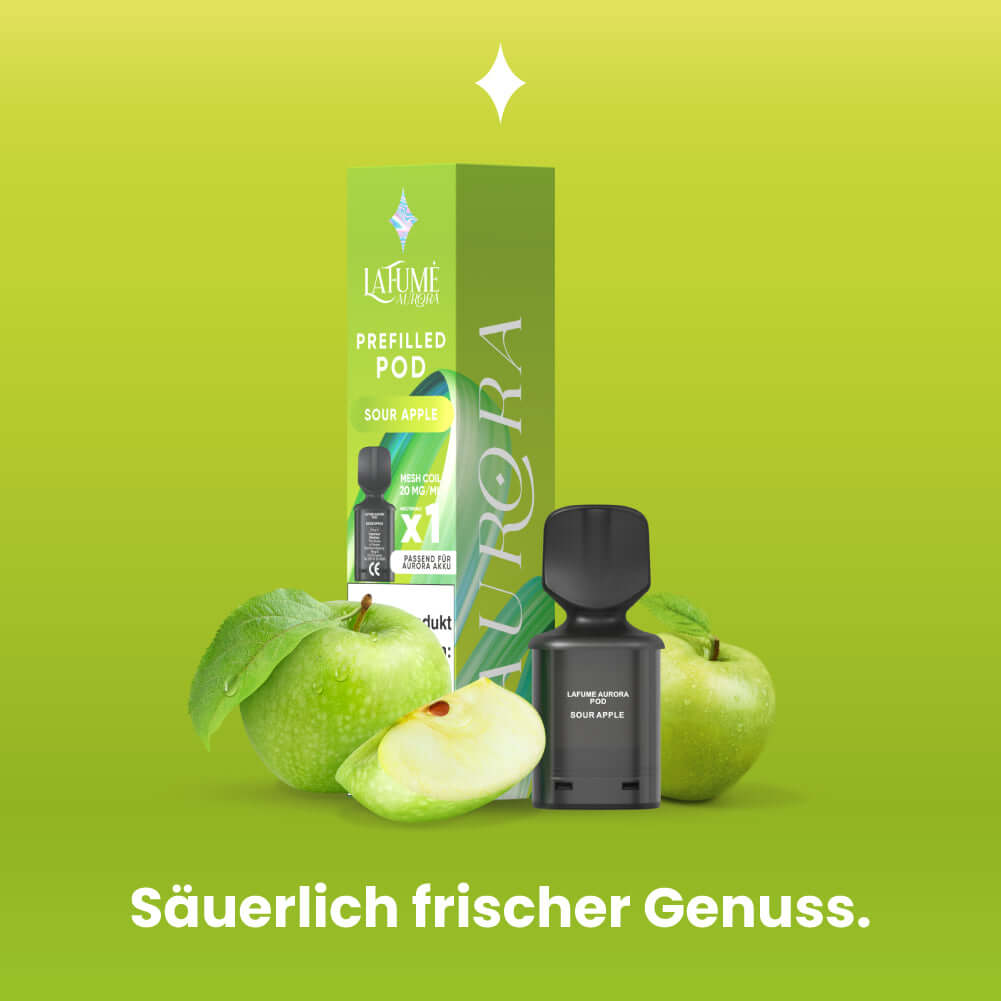 Lafume Aurora Prefilled Pod in Sour Apple flavor with fresh green apples on a vibrant background.