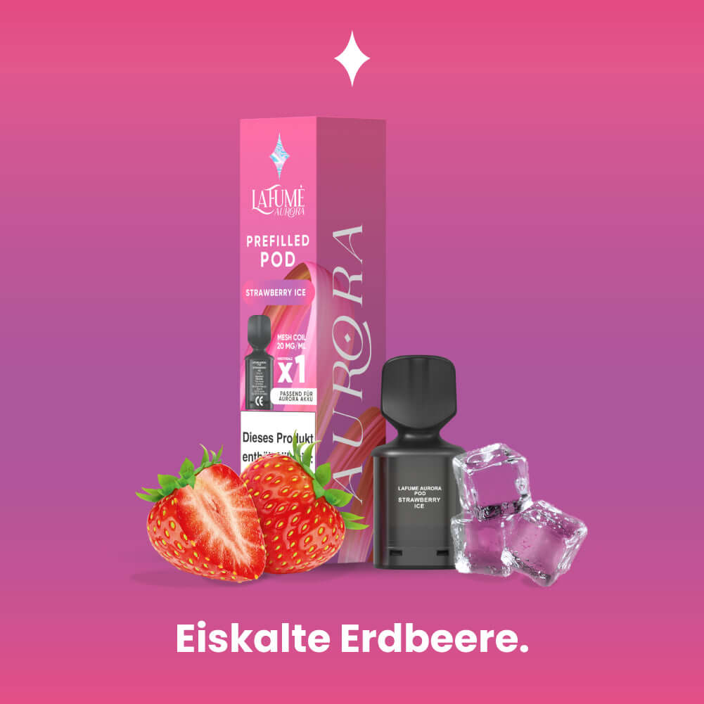 Lafume Aurora Prefilled Pod Strawberry Ice with strawberries and ice cubes, showcasing fruity vape experience.