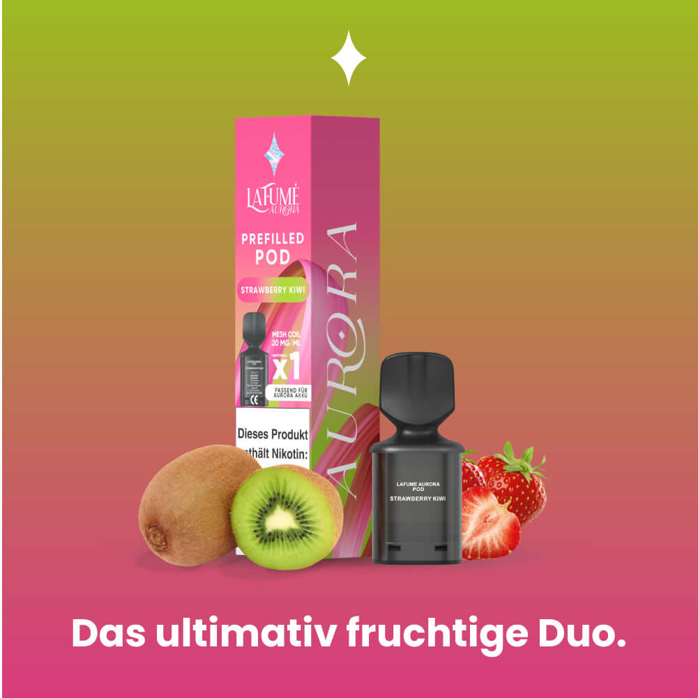 Lafume Aurora Prefilled Pod with Strawberry Kiwi flavor and fresh fruits on colorful gradient background.
