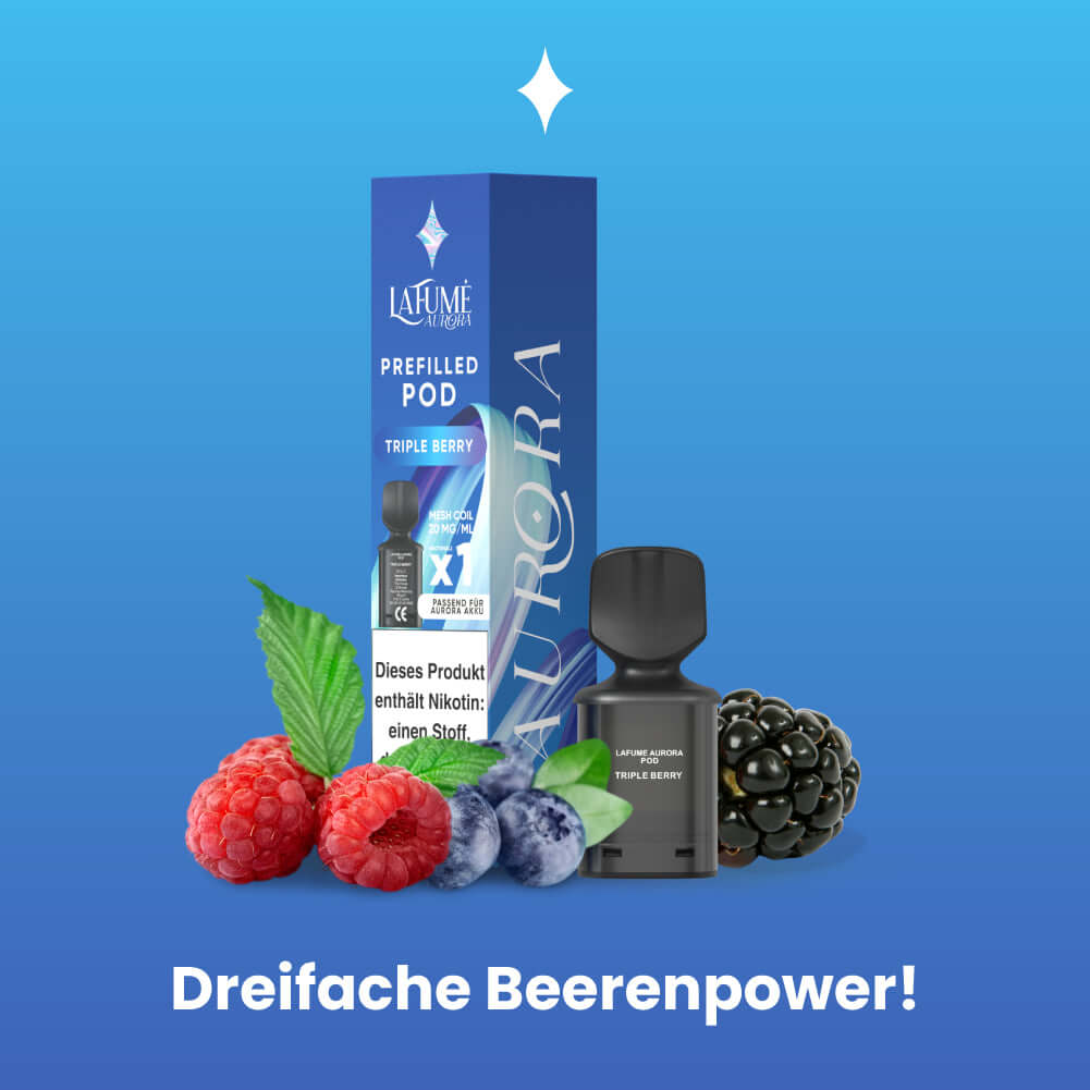 Lafume Aurora Triple Berry Pod with raspberries, blueberries, and blackberries for intense berry flavor.