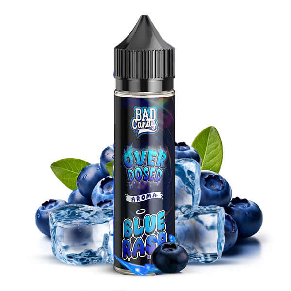 BAD CANDY Blue Rasp Iced Aroma 10ml bottle with blueberries and ice cubes for a refreshing fruity flavor.