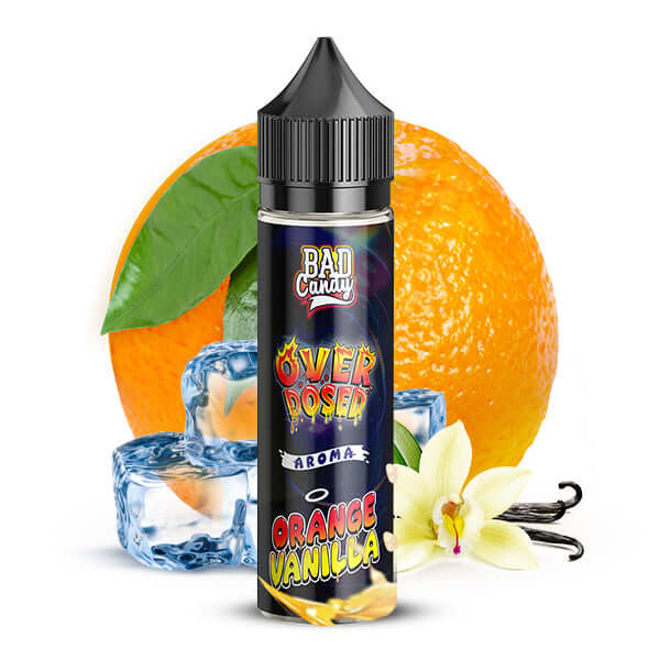 BAD CANDY JUICD SERIES Orange Vanilla Iced Aroma 10ml bottle with orange, vanilla, and ice cubes backdrop.