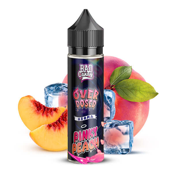 BAD CANDY Pinky Peach Iced Aroma 10ml bottle with peaches and ice cubes for a refreshing flavor experience.