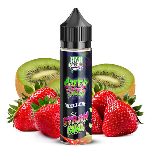 BAD CANDY Straw Kiwi Aroma 10ml bottle with strawberries and kiwi background, showcasing fruity flavor blend.