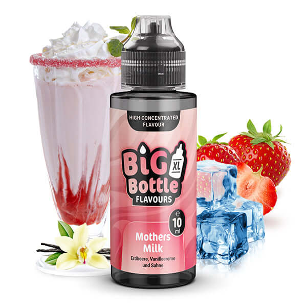 BIG BOTTLE Mothers Milk Aroma 10 ml with strawberries, vanilla, and ice cubes, paired with a strawberry milkshake.