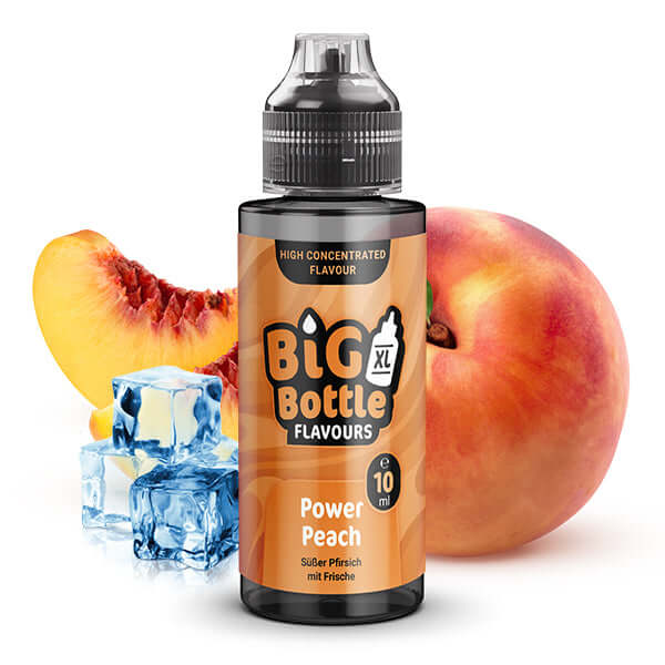Big Bottle Power Peach Aroma 10 ml with peach, ice cubes, and refreshing flavor for E-cigarettes.