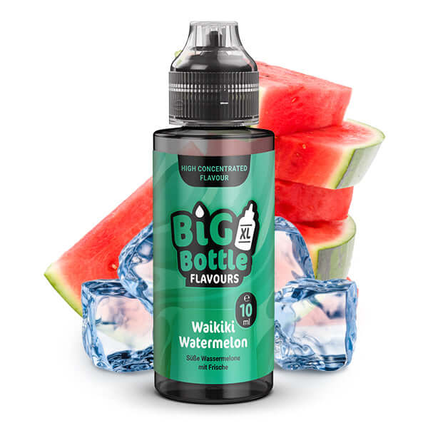 Big Bottle Waikiki Watermelon liquid with fresh watermelon slices and ice cubes.