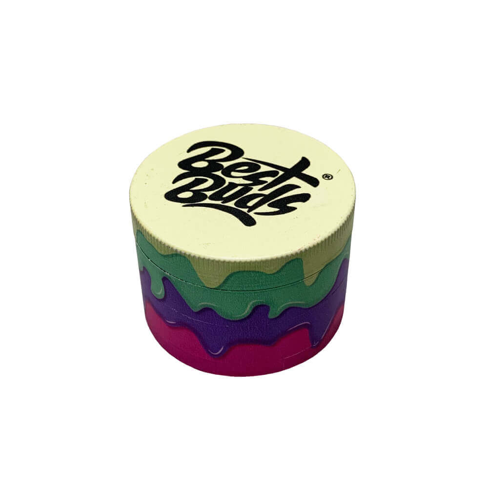 Best Buds 4-part grinder with colorful layered design and logo, perfect for efficiently shredding herbs.
