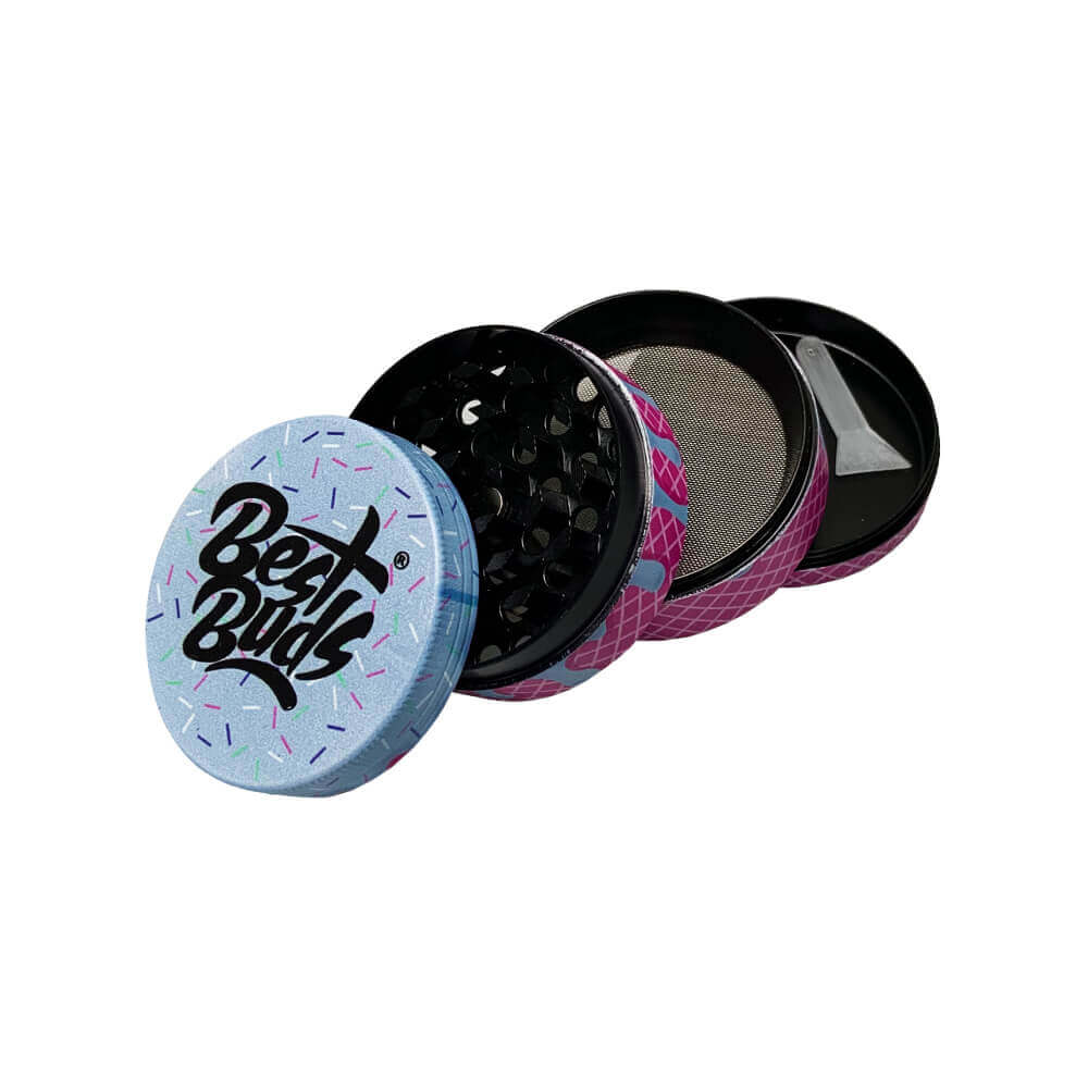 Best Buds 4-part metal grinder with colorful design, perfect for efficient herb grinding.