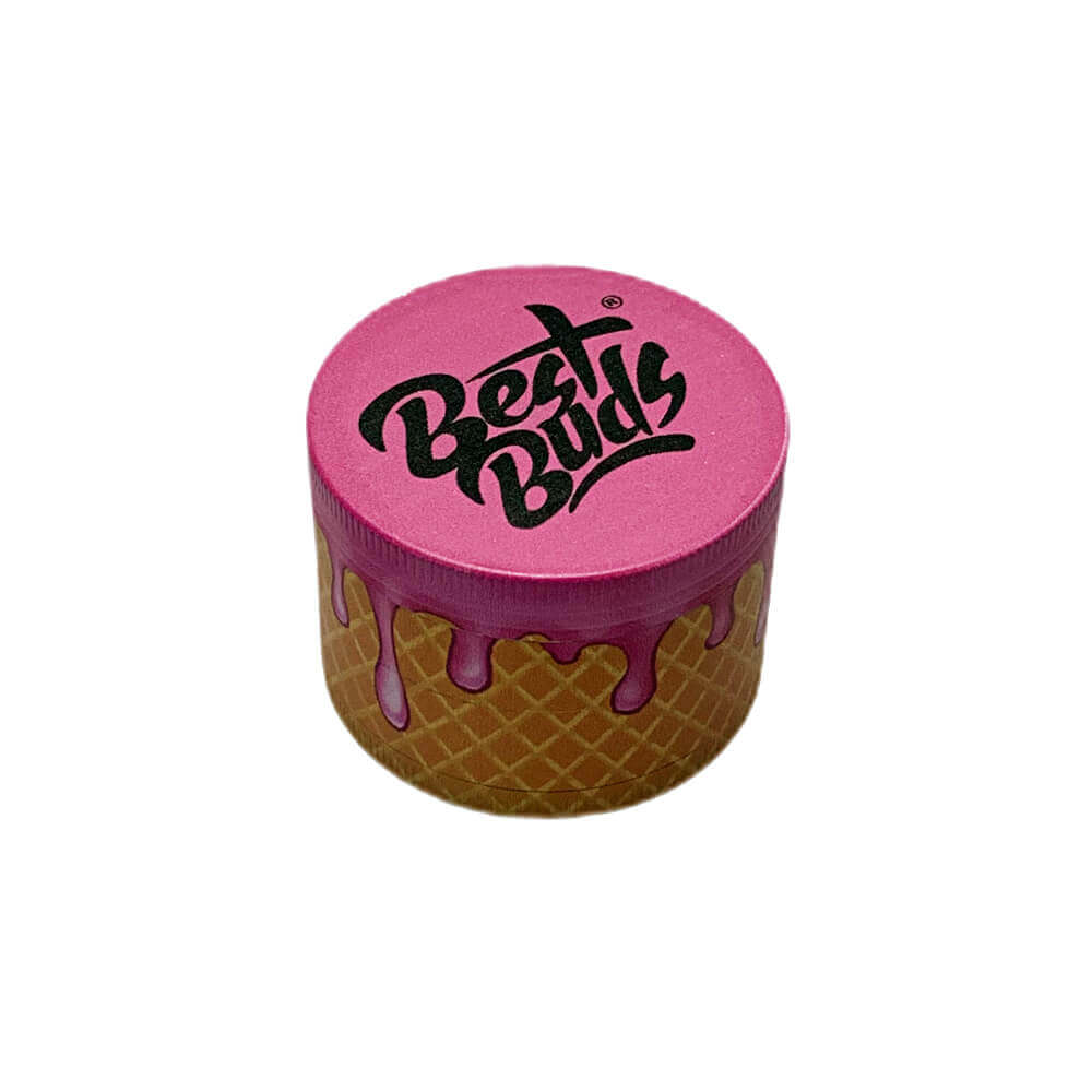 Best Buds 4-part metal grinder with pink top and ice cream cone design for efficient herb grinding.