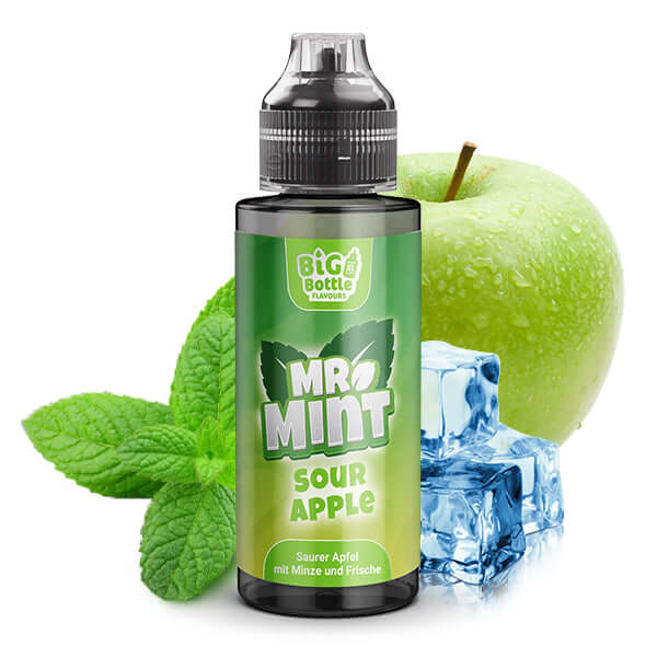 MR. MINT Sour Apple Aroma 10ml by Big Bottle, mint leaves, green apple, ice cubes for a refreshing vape experience.