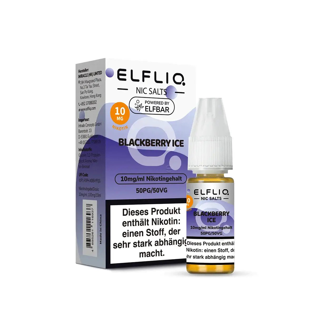 ELFLIQ Blackberry Ice Nikotinsalz Liquid packaging with e-liquid bottle and nicotine information.