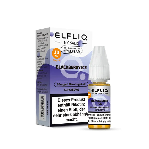 ELFLIQ Blackberry Ice Nikotinsalz Liquid packaging with e-liquid bottle and nicotine information.