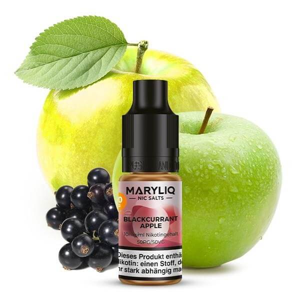 MARYLIQ Blackcurrant Apple Nikotinsalz Liquid with blackcurrants and green apple against a bright background.