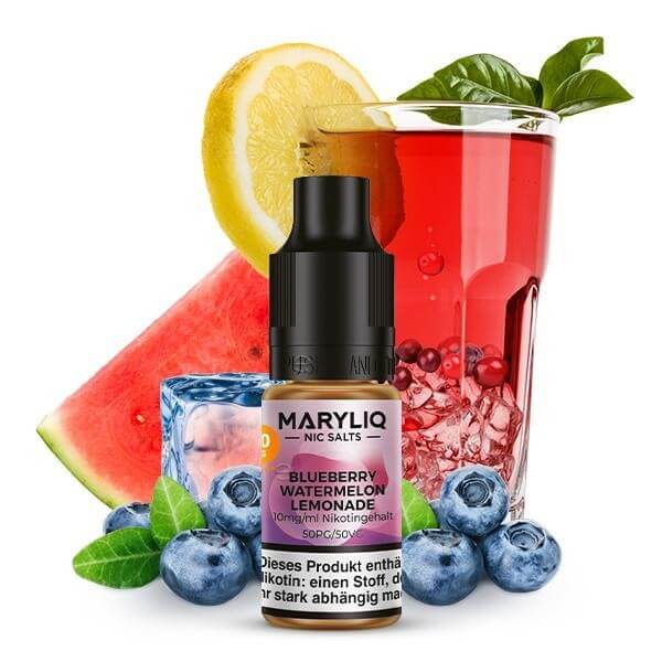 MARYLIQ Blueberry Watermelon Lemonade nicotine salt liquid with blueberries and watermelon background.