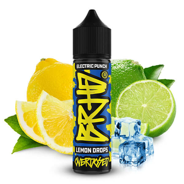BRHD Electric Punch Lemon Drops Aroma bottle with fresh lemons, limes, and ice cubes for a refreshing flavor experience.