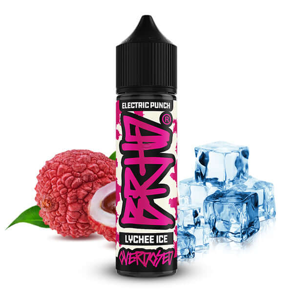 BRHD Electric Punch Lychee Ice Aroma 10ml featuring lychee fruit and ice cubes, perfect for a refreshing vape experience.