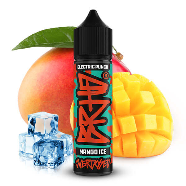 BRHD Electric Punch Mango Ice Aroma 10ml bottle with mango and ice cubes, showcasing tropical flavor and refreshment.