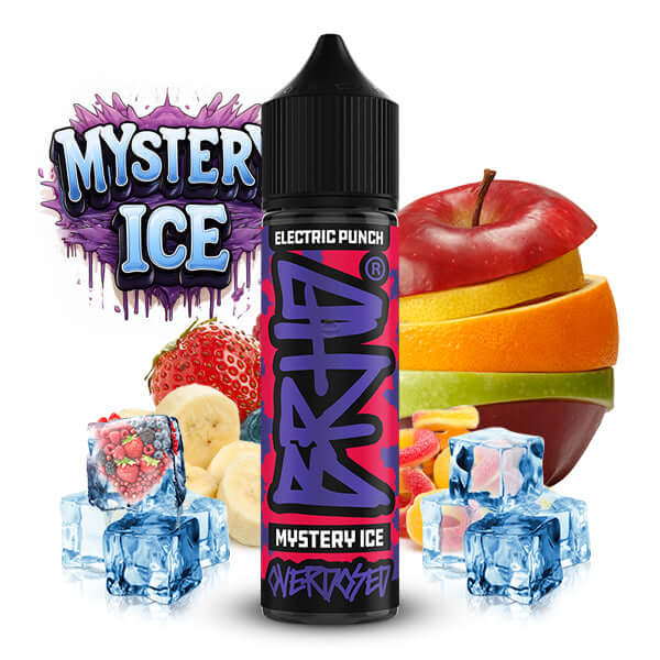 BRHD Electric Punch Mystery Ice Aroma 10ml bottle with fruits and ice cubes, delivering a refreshing and flavorful vaping experience.